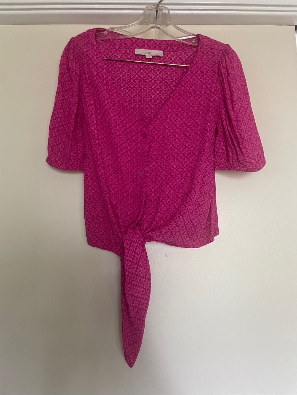 LOFT Fuchsia Tie-Front Puff Sleeve Blouse
